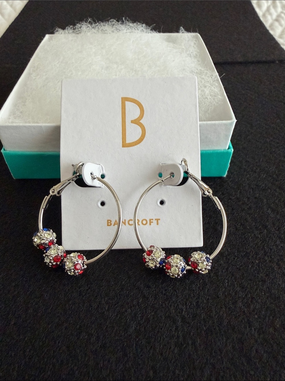 Bancroft Silver Hoop Earrings with Red, Blue & Clear Crystal Beads, New